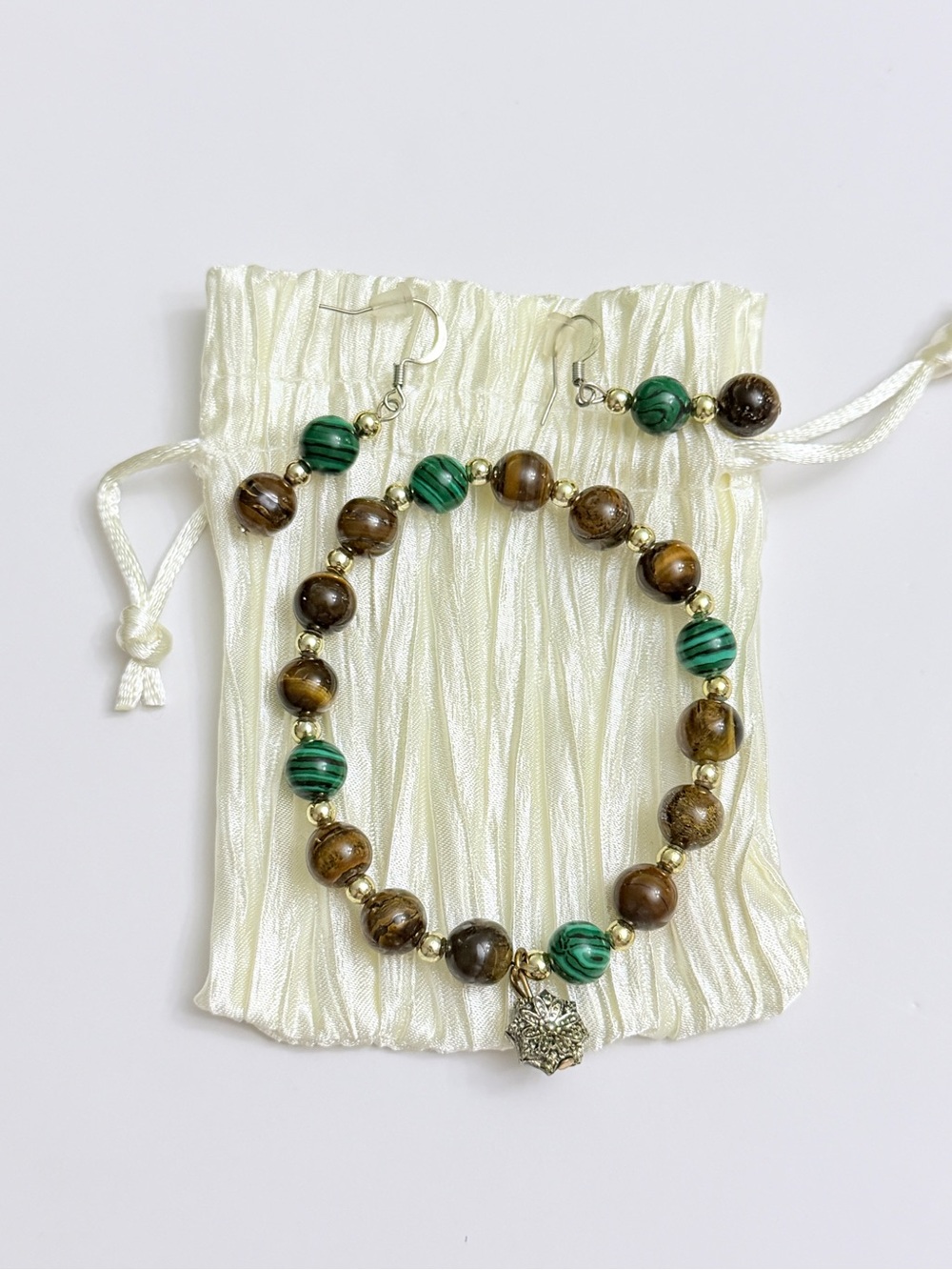Brown & Green Stone Beaded Bracelet & Earrings Jewelry Set